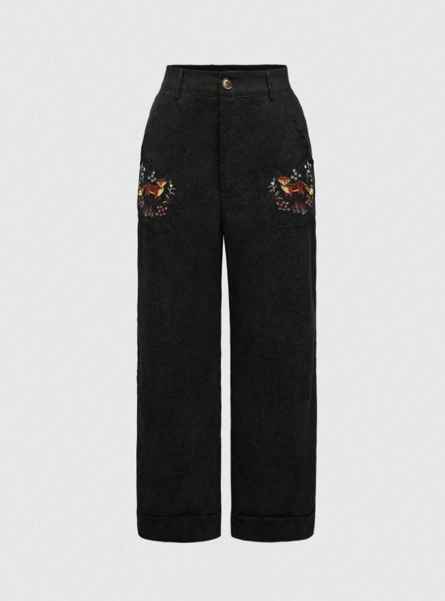 Pantalon Negro Bordado Flores